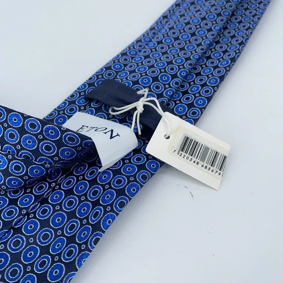 Eton‎ Tie Mens One Size Navy Blue Circle Print Silk Classic Necktie Italy Made